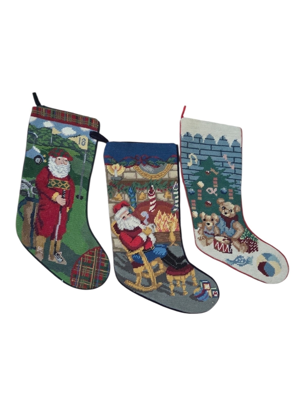 Handmade Needlepoint Christmas Stockings - Assorted Holiday Designs (Set of 3)